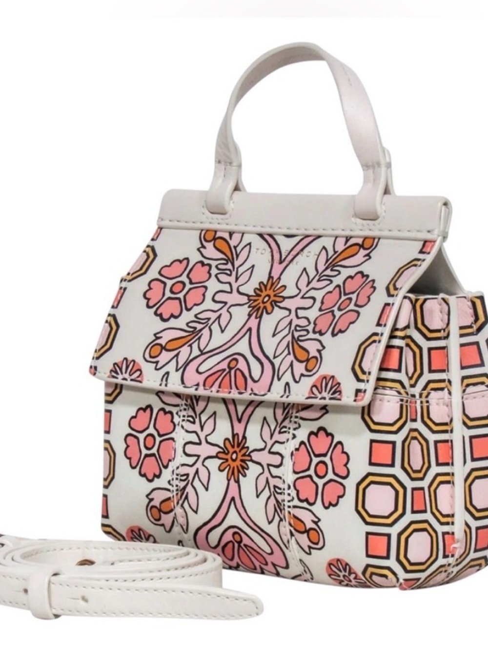 Tory Burch Cream Mini Top-Handle Bag with Pink & Gold Floral Print - Picture 2 of 11